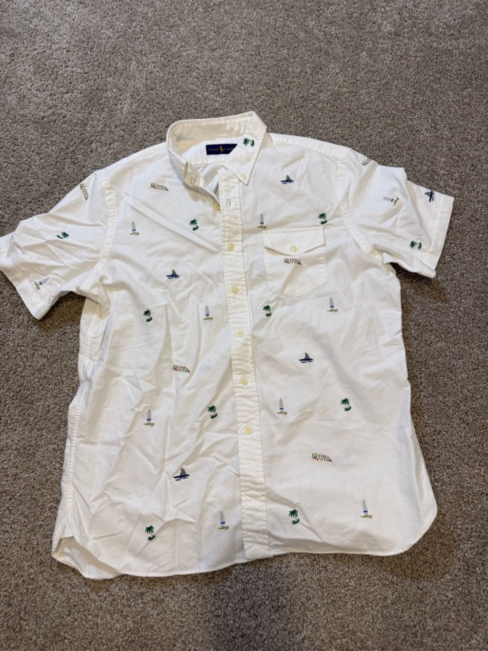 Polo Ralph Lauren Men's White Aloha Embroidered Short Sleeve Button Down Shirt L - Picture 2 of 6